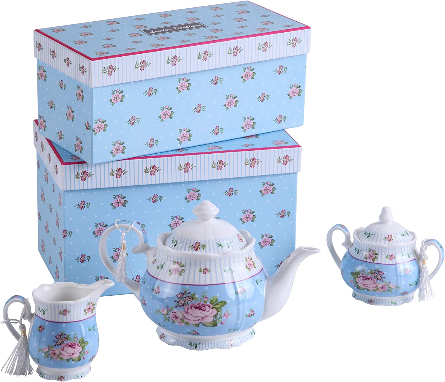 Tea Coffee Family Set for Mothers Day Coronation Party- 3 Tier Cake Stand, Teapot, Milk Jug, Sugar Bowl, 4 Plates, 4 Cups/ 4 Saucers (Blue)