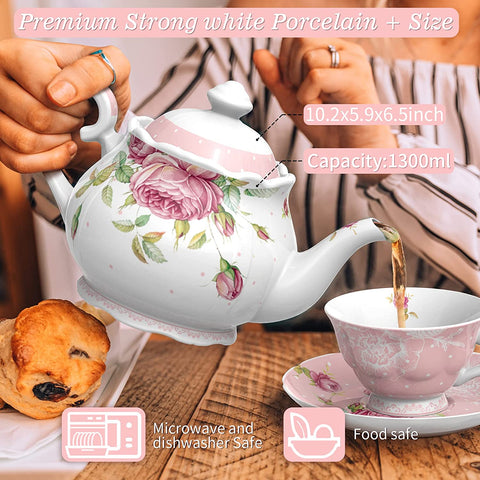 After Tea Coffee Set in Pink Rose Teapot Set, Cups/ Saucers Cake Stand