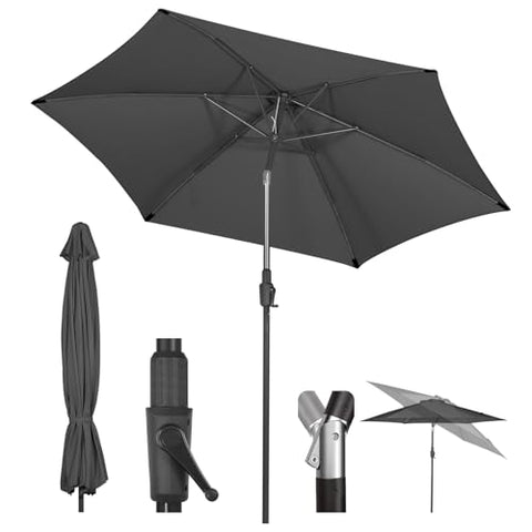 Sekey? 270 cm Parasol with Crank and Auto Tilt, Market Umbrella for Patio, Balcony and Garden, Windproof, Stable, UPF 50+, Grey, Round