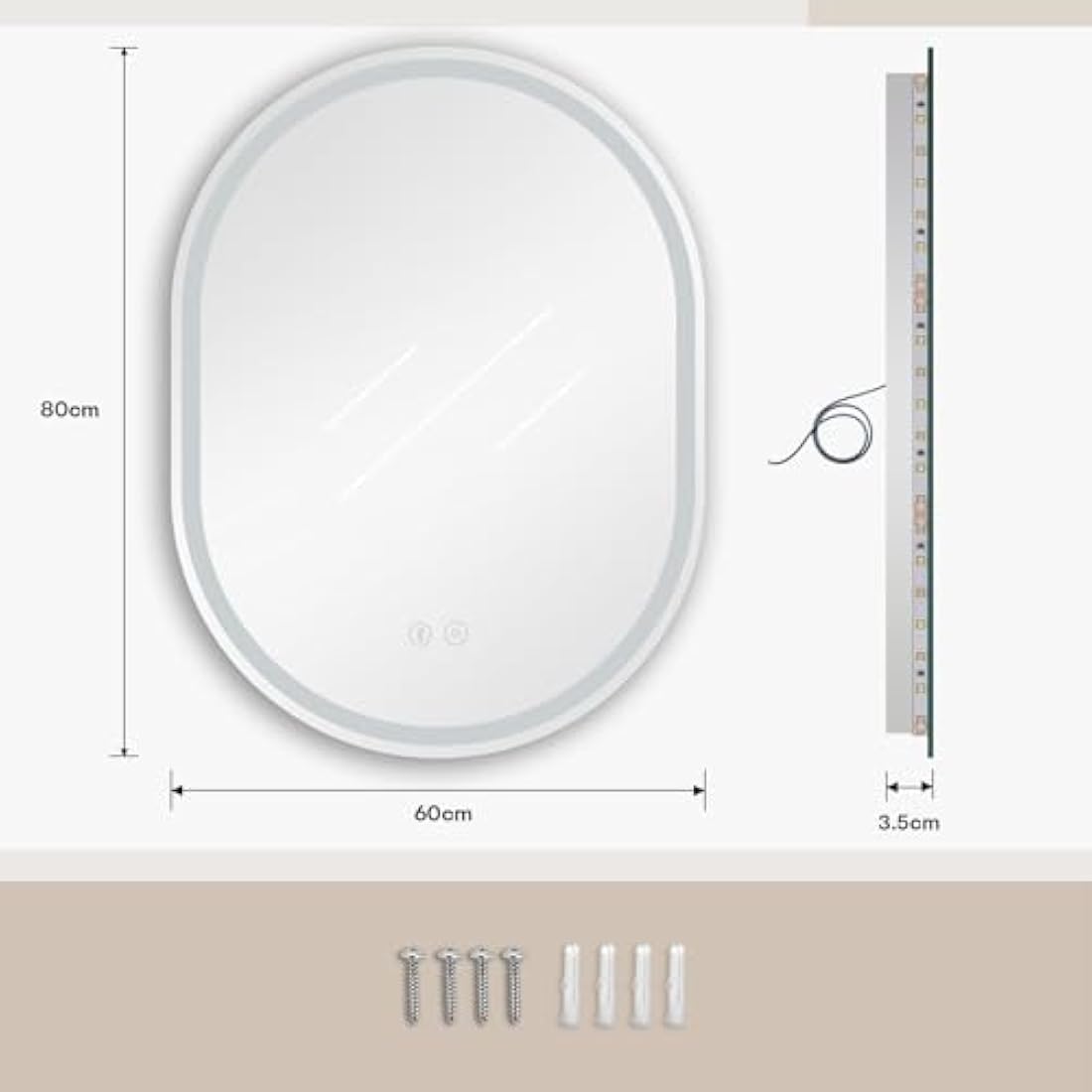 Dripex 600 x 800 mm Bluetooth Oval Bathroom LED Mirror, Illuminated Backlit Wall Mounted Bathroom Mirror with Demister, Anti-fog, 3 Lighting Modes, Dimming Light, IP44