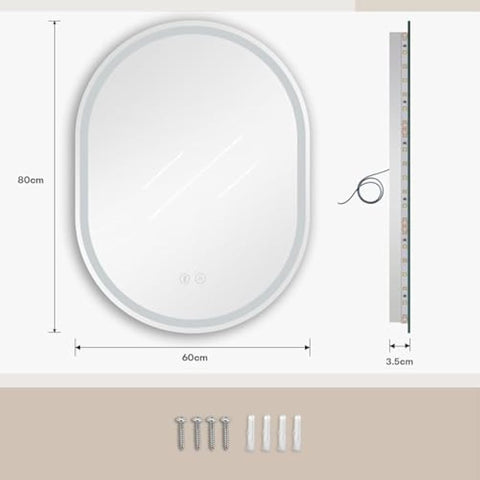 Dripex 600 x 800 mm Bluetooth Oval Bathroom LED Mirror, Illuminated Backlit Wall Mounted Bathroom Mirror with Demister, Anti-fog, 3 Lighting Modes, Dimming Light, IP44