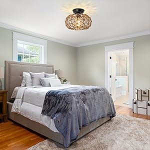LynPon Boho Ceiling Light Woven Hemp Rope Rattan Cage Wicker Retro Rustic Coastal Semi Flush Mount Light Fixture for Bedroom Hallway Entryway Kitchen
