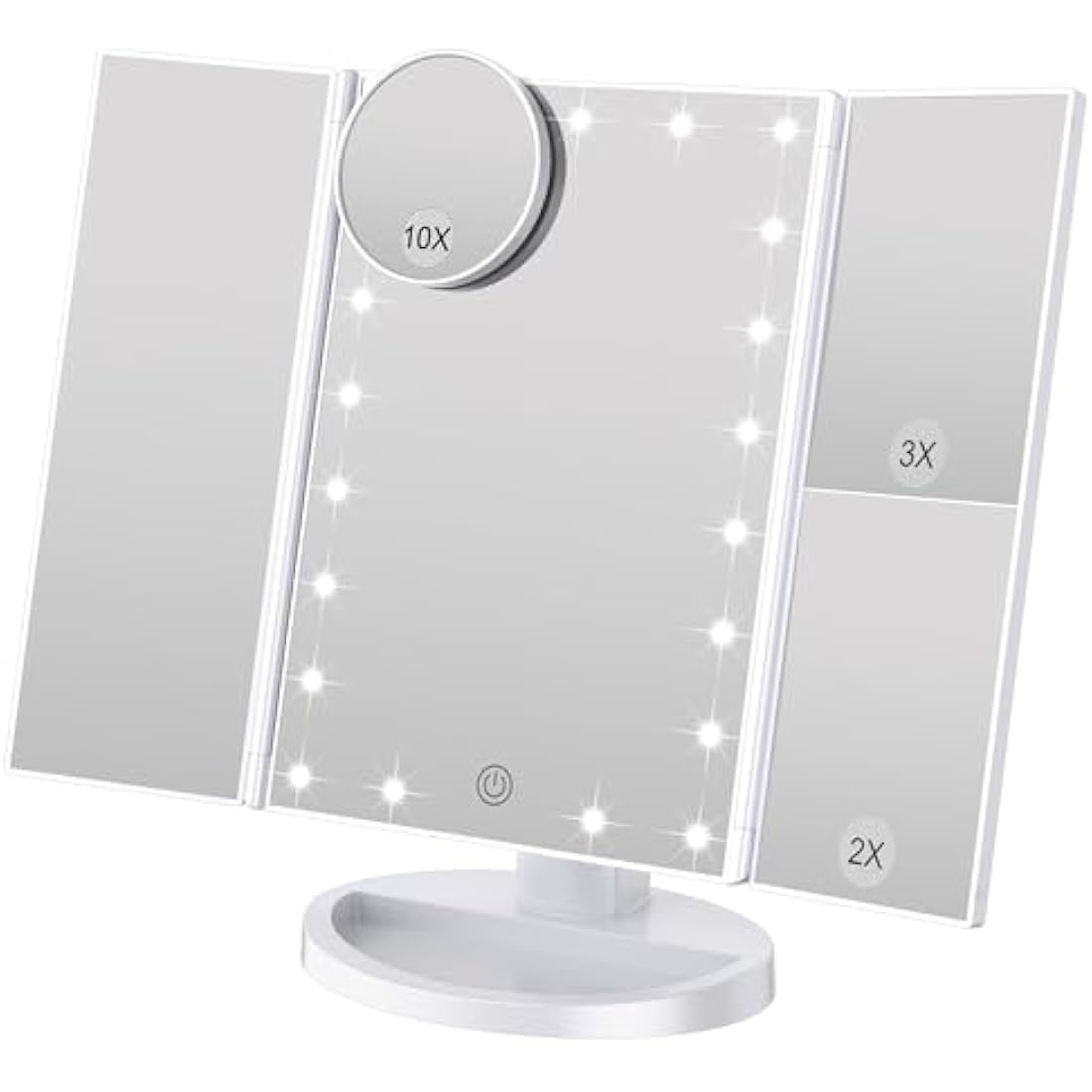 WEILY Tri-fold Vanity Mirror, 21 LEDs and 2X/3X Magnification, Touch Switch for Adjusting Brightness, Dual Power Supply mode Makeup Mirror (White)