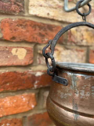 Antique Copper Cauldron Pot with Wrought Iron Handle – Rustic Garden Planter A