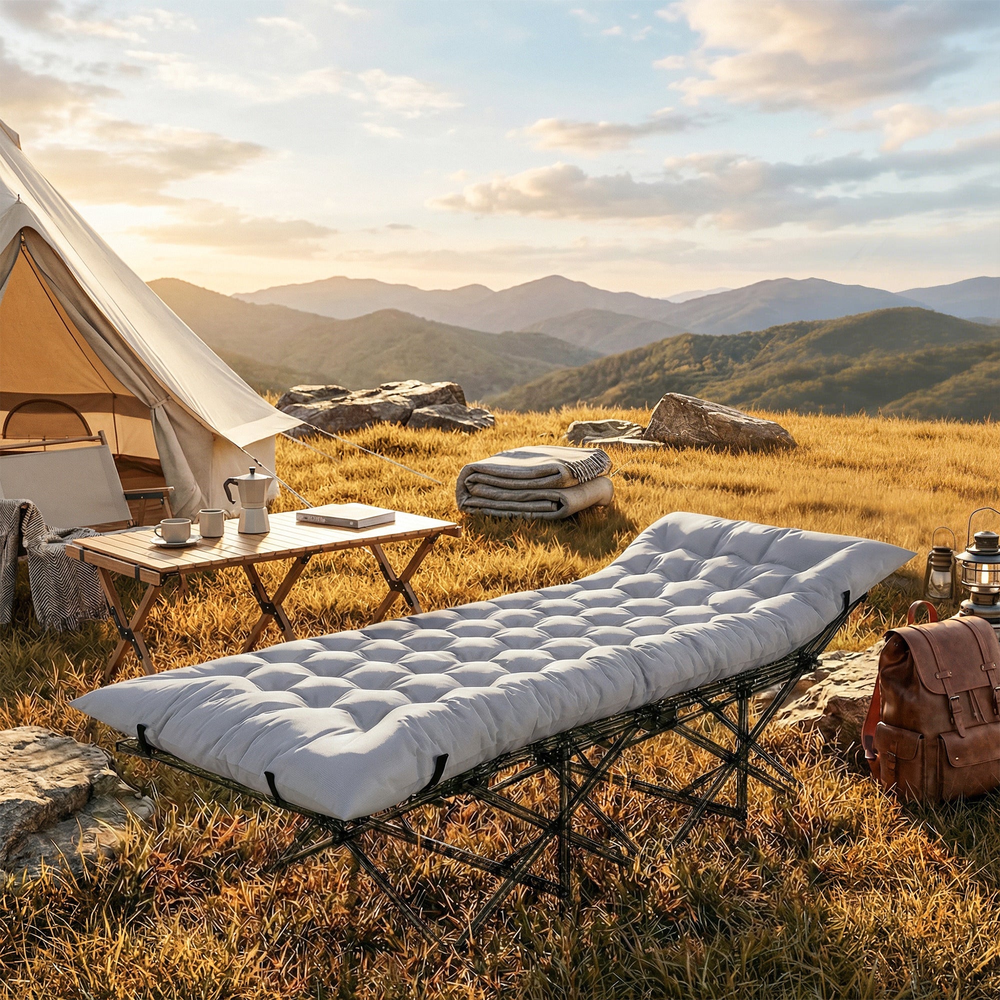 Outsunny Sleeping Mat, Foldable Camping Mattress Pad with Elastic Straps, Light Grey