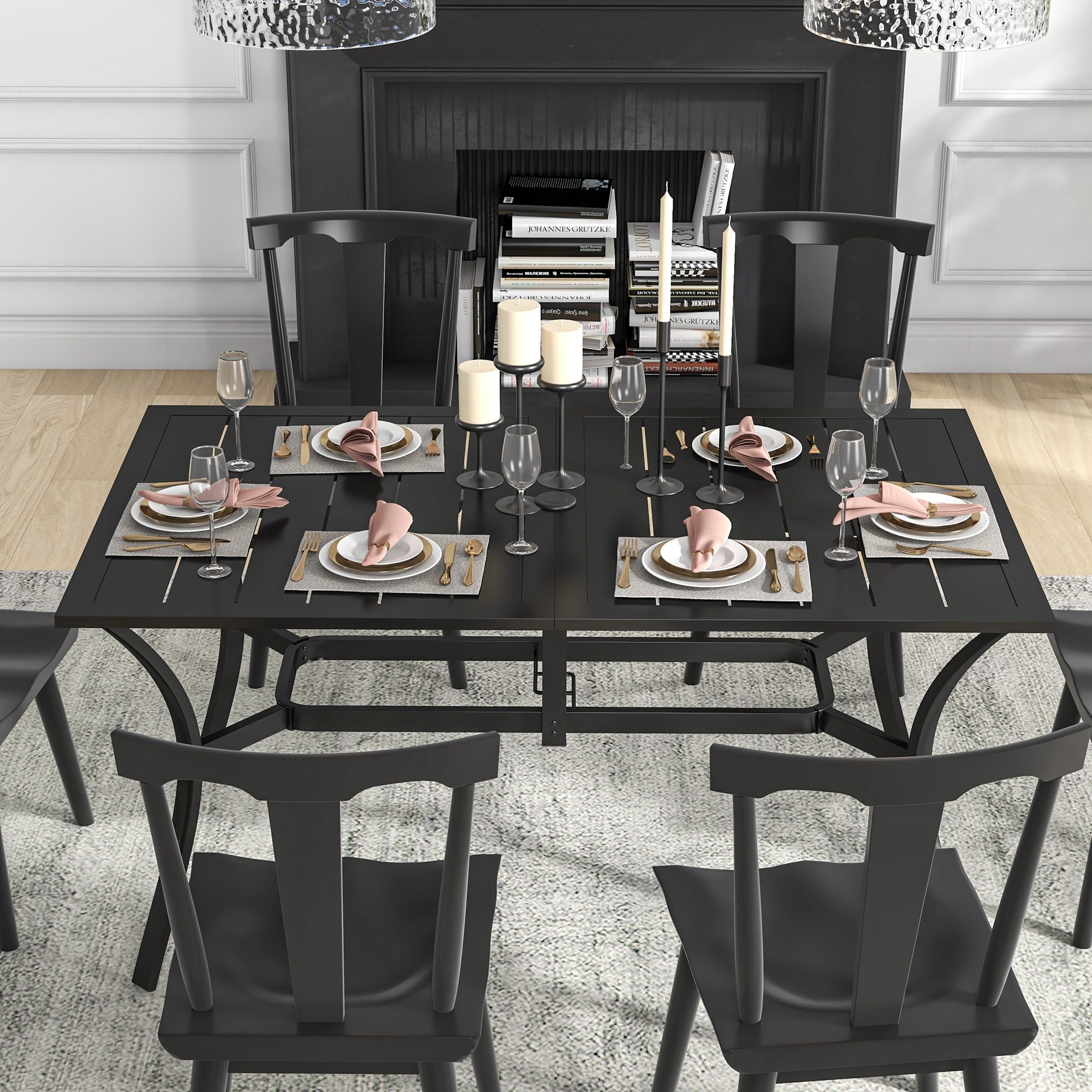 Outsunny Rectangle Garden Dining Table with Parasol Hole, Patio Table with Steel Frame and Slat Tabletop, 150cm x 90cm, Black