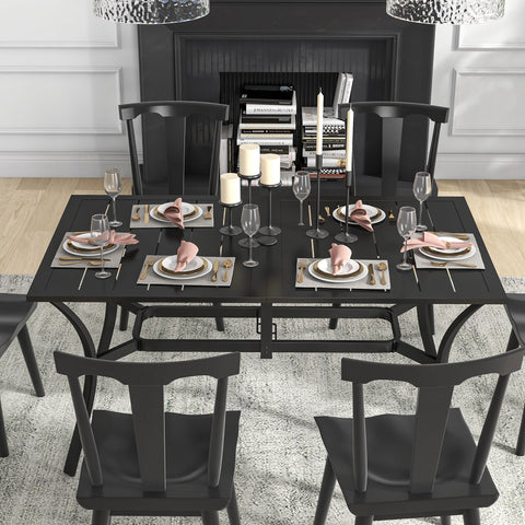 Outsunny Rectangle Garden Dining Table with Parasol Hole, Patio Table with Steel Frame and Slat Tabletop, 150cm x 90cm, Black