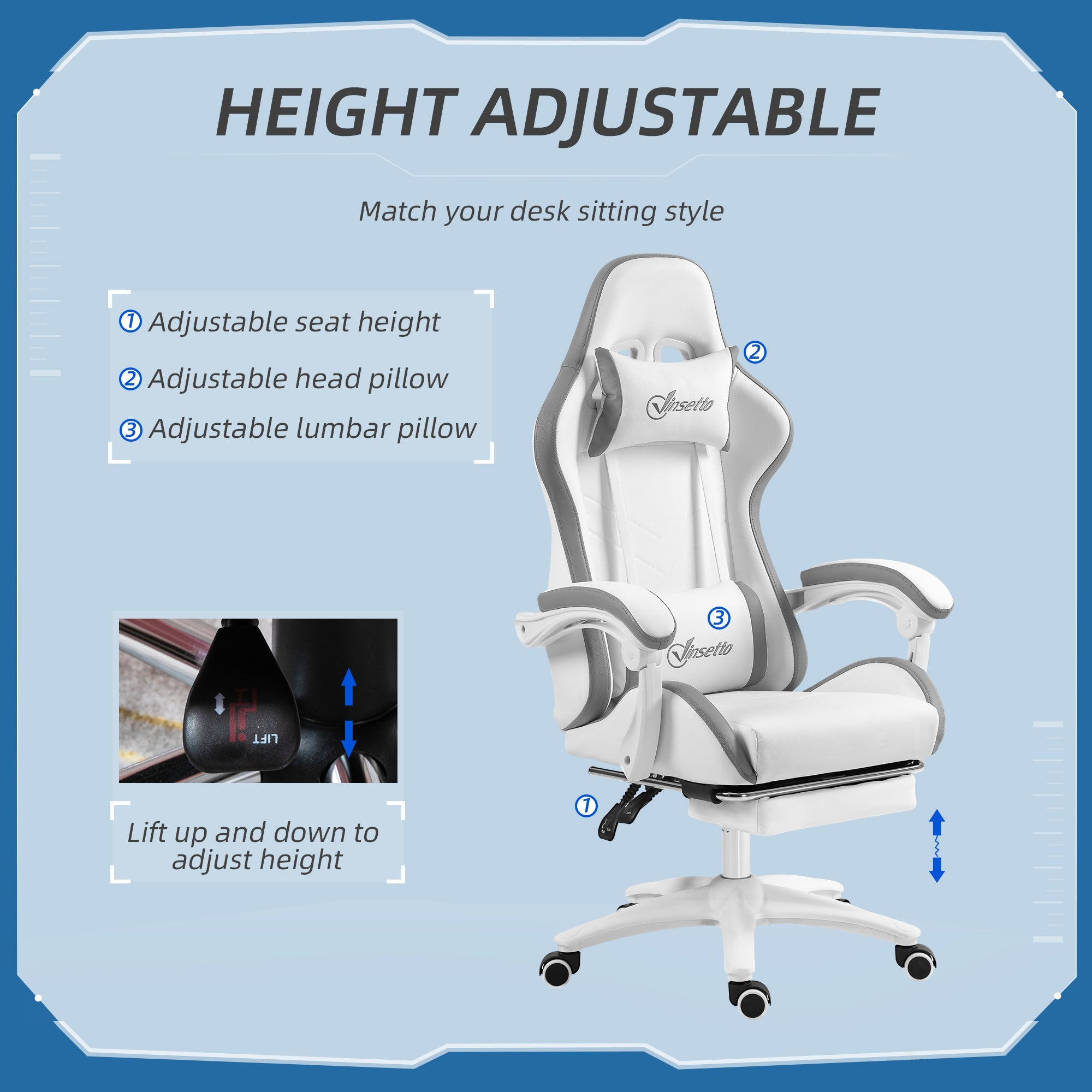 Vinsetto Computer Gaming Chair, PU Leather Desk Chair with Footrest, Swivel Task Chair with 135\'c2\'b0 Reclining Back and Lumbar Support, PC Chair for Adults, White and Grey