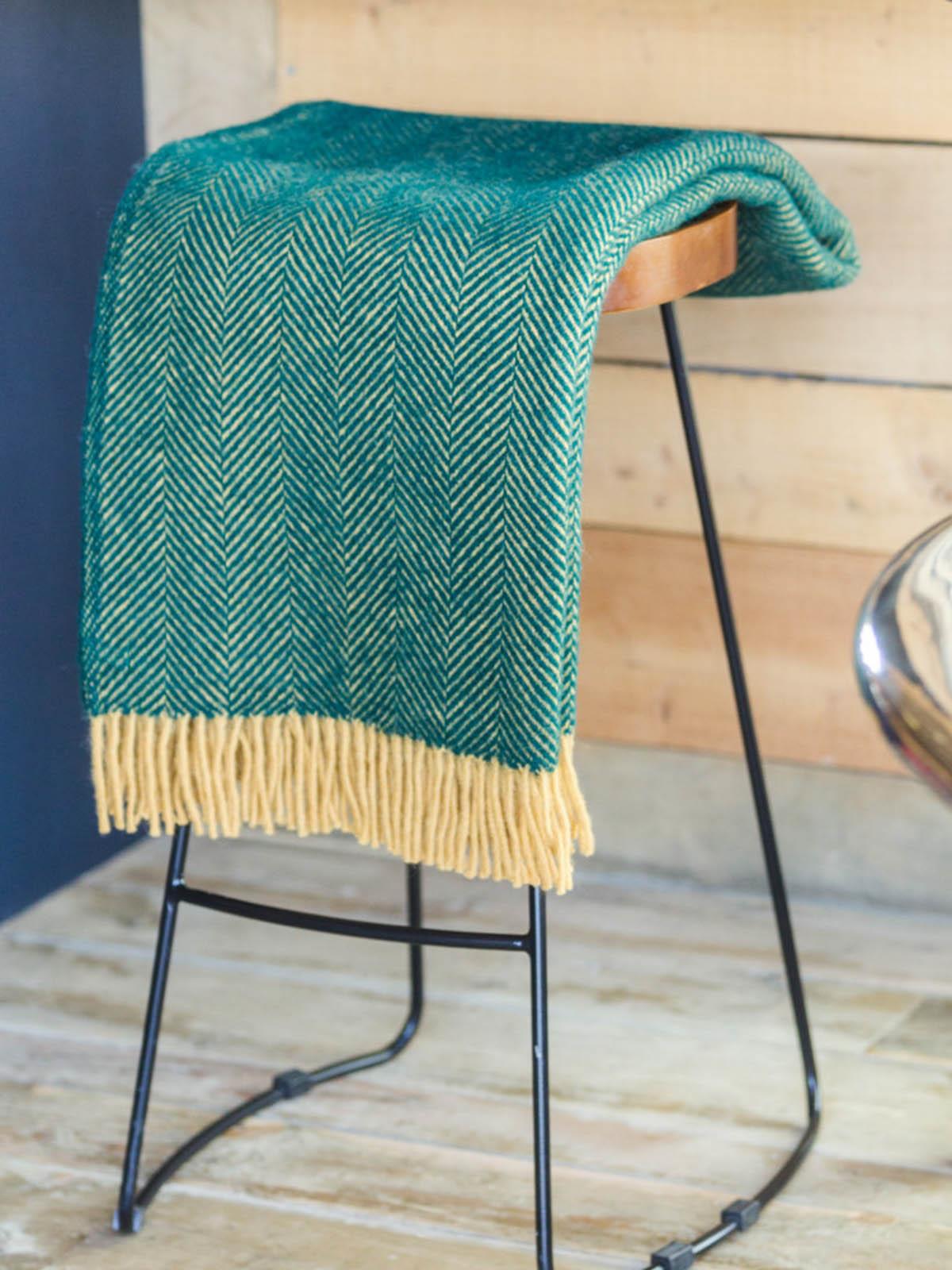 Herringbone Pure New Wool Throw - Emerald/Mustard