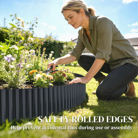 Outsunny Metal Garden Edging Border, 8 in x 21.3 ft Corrugated Heavy Duty Galvanised Steel Lawn Edging, Dark Grey