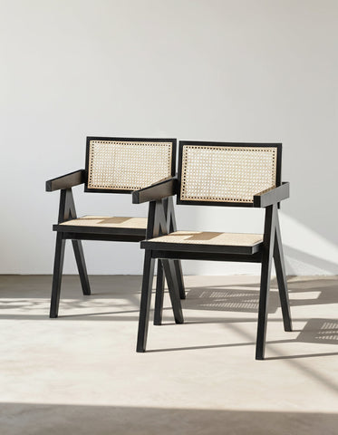 A Set Of Two Black Cane Rattan Dining Chair, Solid Wood
