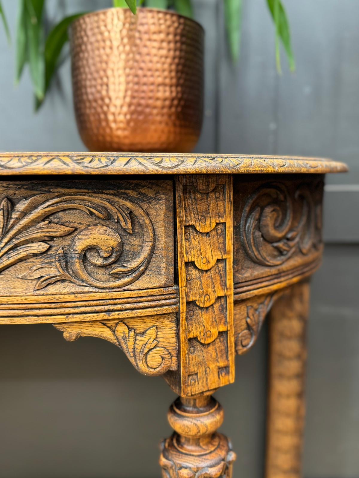 Antique Carved Oak Side Table Console Table Hall Table Drawer Desk Furniture
