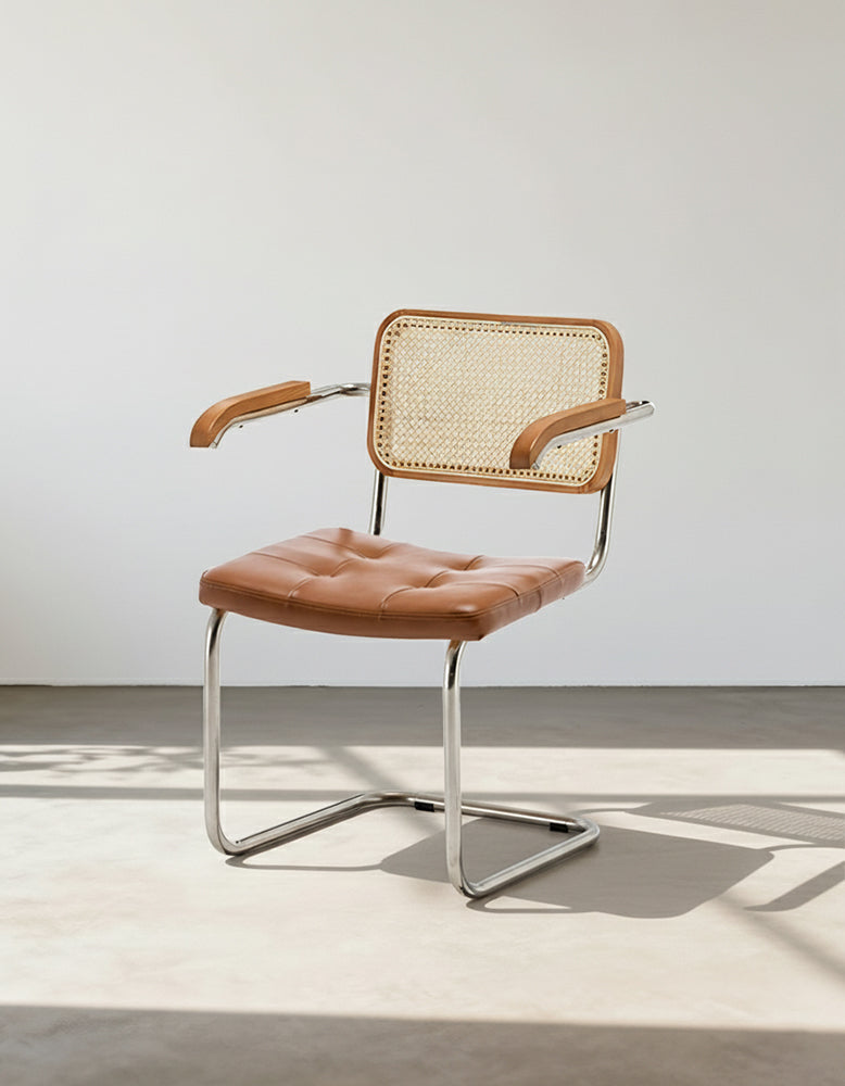 Classic Keaton Rattan Dining Chair, Leather & Chrome, With Armrests