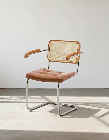 Classic Keaton Rattan Dining Chair, Leather & Chrome, With Armrests