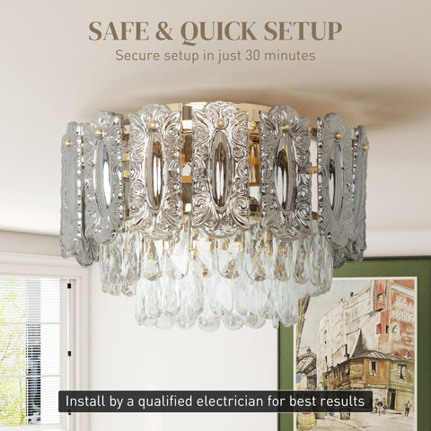 HOMCOM Chandelier Ceiling Light, 3-Light Flush Mount Fixture with Dual Crystal and Smoke Glass Shade, 40 cm LED Ceiling Light for Living Room Bedroom, 3 E14 Sockets, Bulbs Not Included, Gold Tone