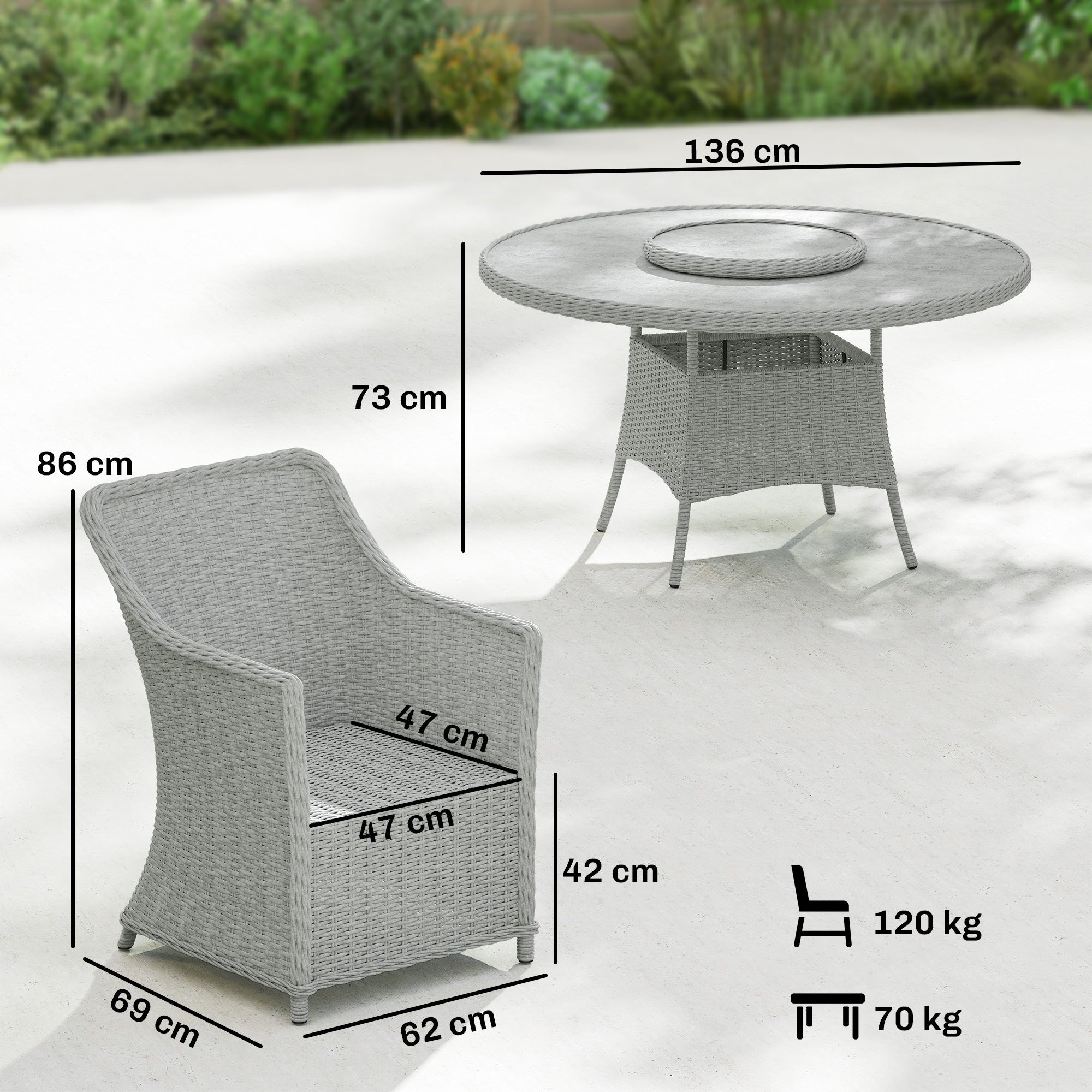 Outsunny Rattan Garden Dining Set with Turntable, Marble Effect Glass Round Garden Table and Chairs with Aluminium Frame, Grey