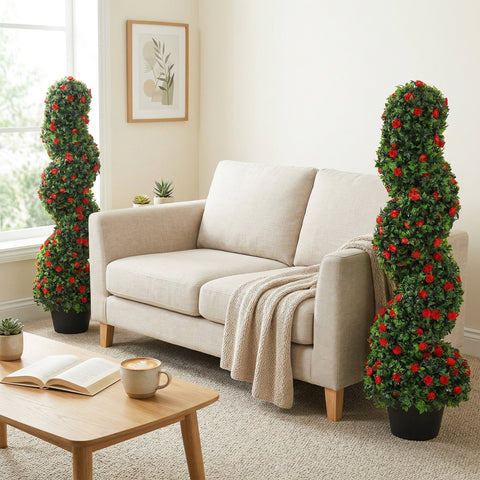 HOMCOM Artificial Rose Spiral Topiary Tree Set of 2, Indoor Outdoor Fake Plants with 630 Leaves, 90cm
