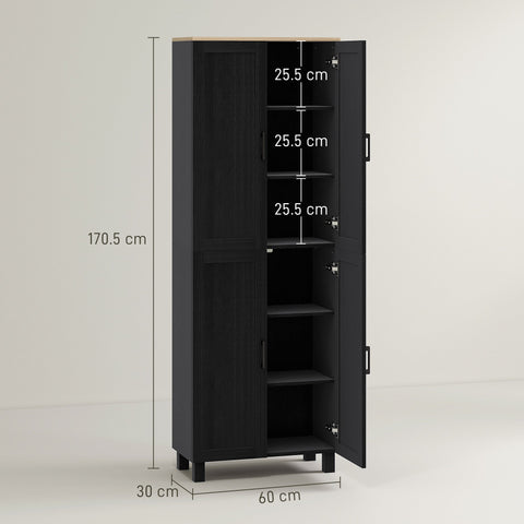 HOMCOM Freestanding Kitchen Cupboard, 4-Door Storage Cabinet with Adjustable Shelves, Modern Kitchen Pantry for Dining Room, 170cm, Black
