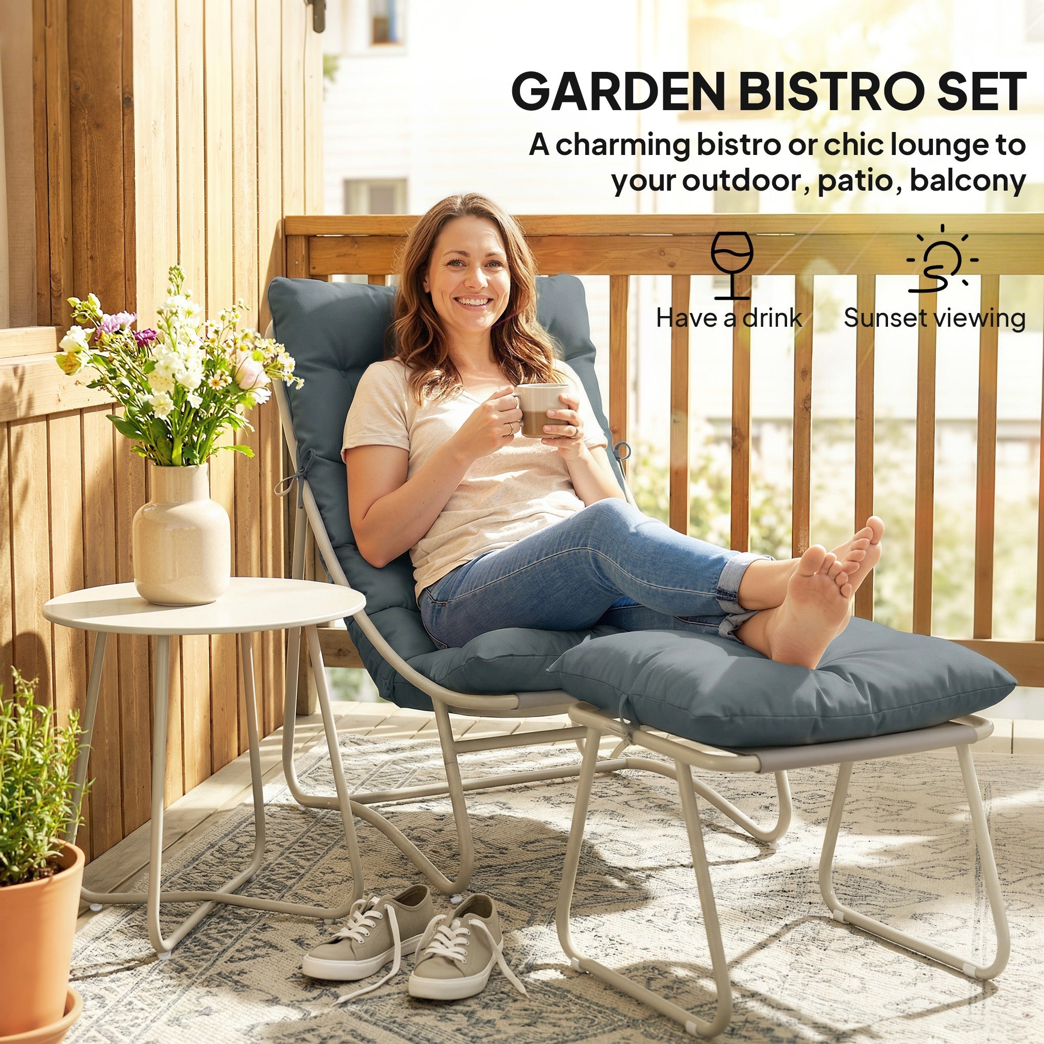 Outsunny Bistro Set for Garden, 3 Piece Outdoor Table and Chair with Footstool and Removable Cushions, Comfy Balcony Furniture