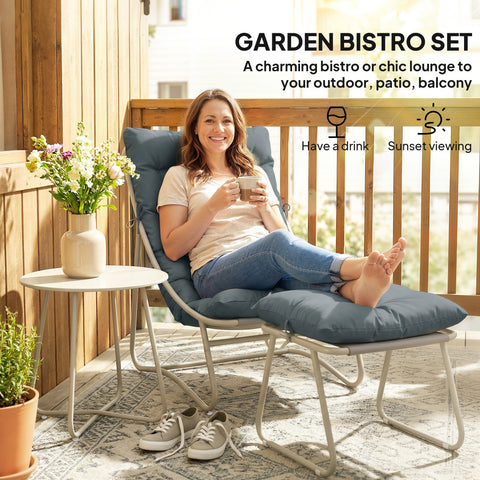 Outsunny Bistro Set for Garden, 3 Piece Outdoor Table and Chair with Footstool and Removable Cushions, Comfy Balcony Furniture