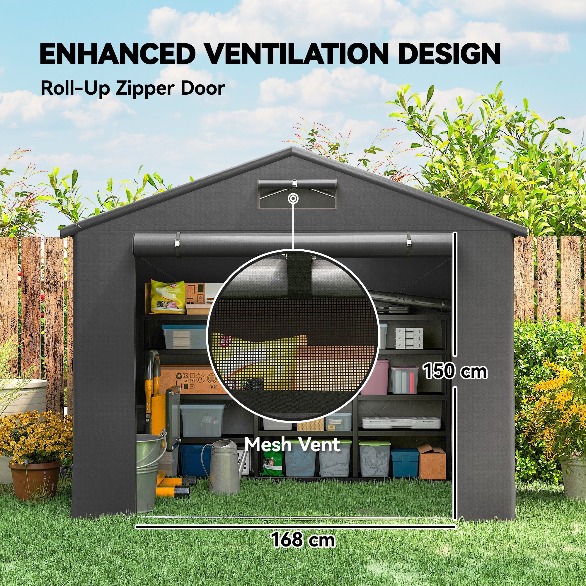 Outsunny 8 x 6 ft Outdoor Garden Storage Shed, Waterproof Bike Tent with Roll-Up Zipper Door, Dark Grey