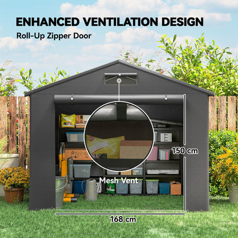 Outsunny 8 x 6 ft Outdoor Garden Storage Shed, Waterproof Bike Tent with Roll-Up Zipper Door, Dark Grey