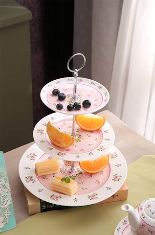 Christmas New Year Family Party Set Special 3 Tier Cake Stand Teapot Milk Jug 4 Cups 4 Saucers (Pink Rose)