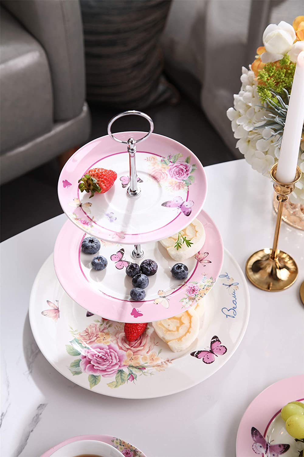London Boutique 3 Tiered Cake Stands Afternoon tea Porcelain Shabby Chic Butterfly in gift box