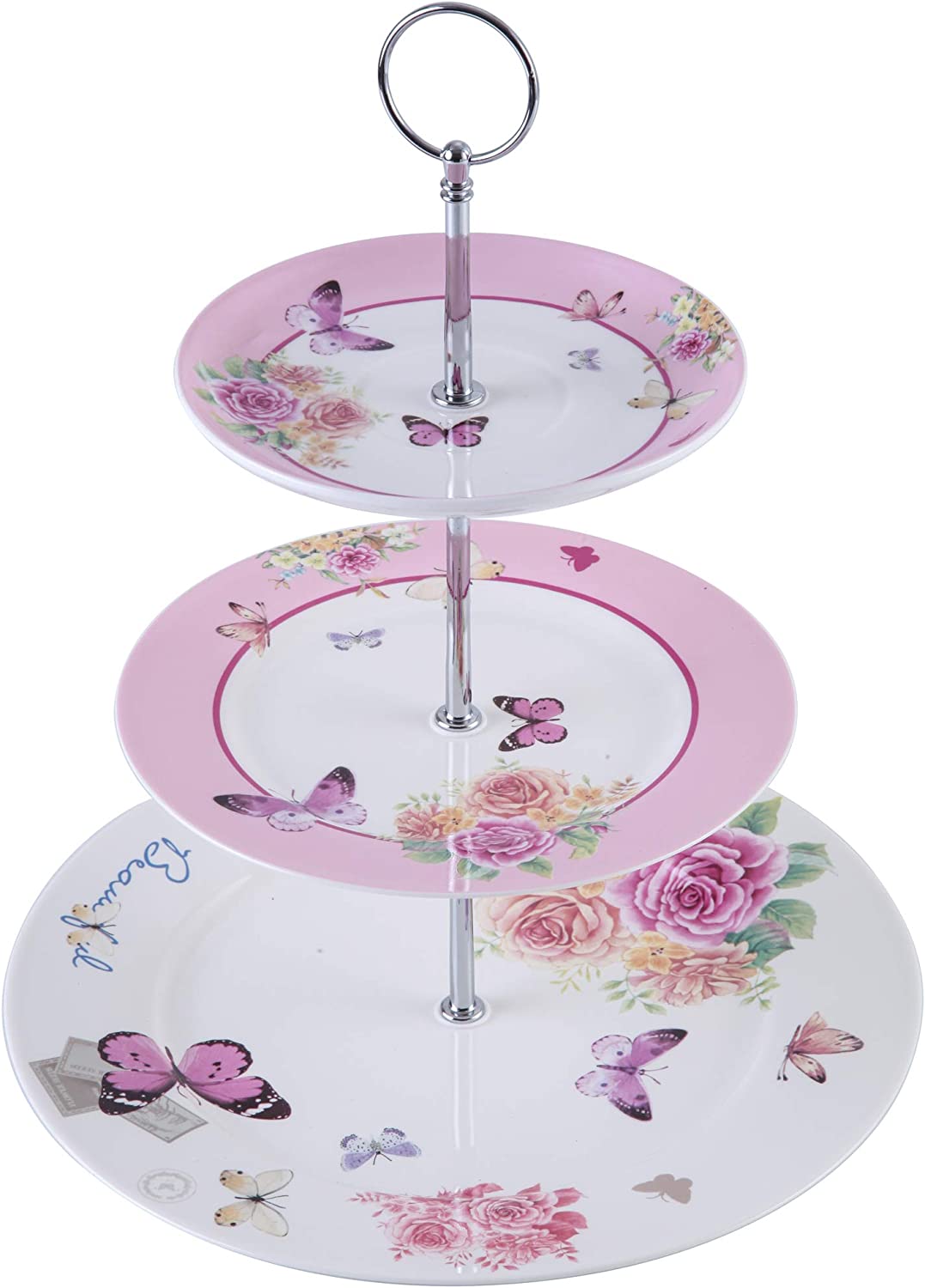 London Boutique 3 Tiered Cake Stands Afternoon tea Porcelain Shabby Chic Butterfly in gift box
