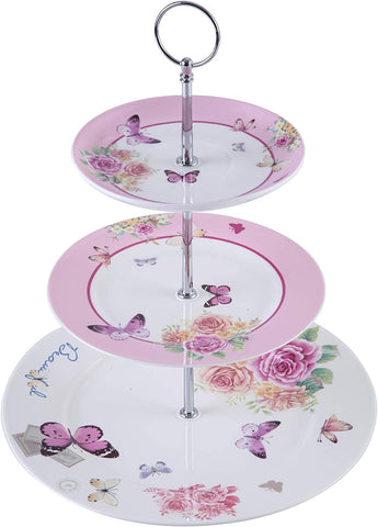 London Boutique 3 Tiered Cake Stands Afternoon tea Porcelain Shabby Chic Butterfly in gift box