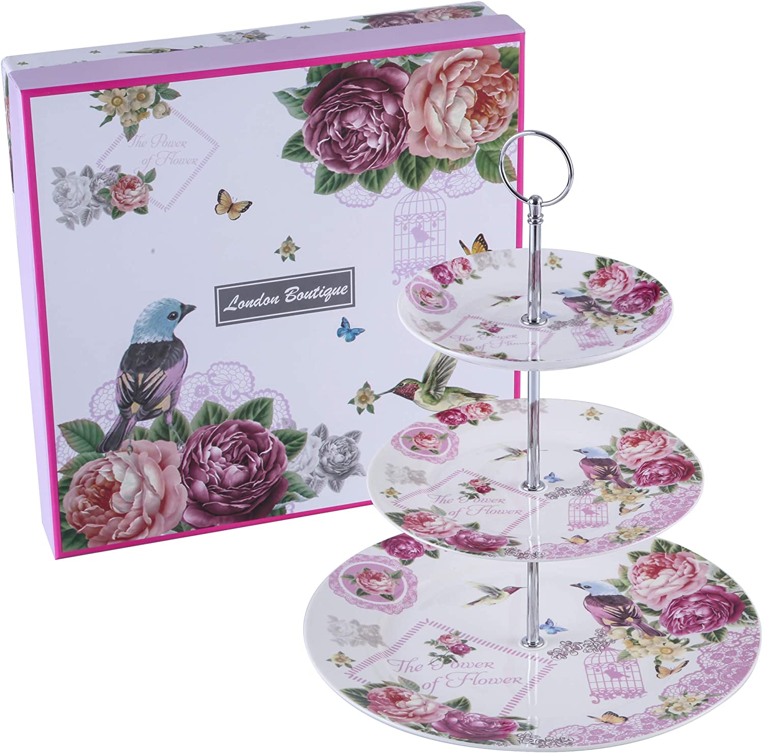 3 Tiered Cake Stands Plates Porcelain Lilac Lavender Rose Floral Design Gift Box (Birds Rose Butterfly)