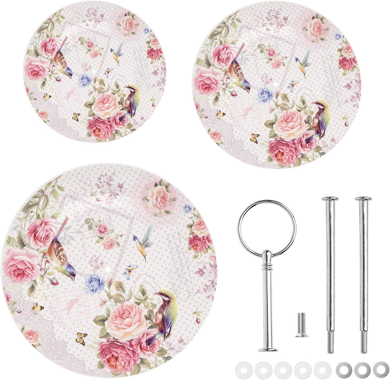 3 Tiered Cake Stands Plates Porcelain Lilac Lavender Rose Floral Design Gift Box (Birds Rose Butterfly)