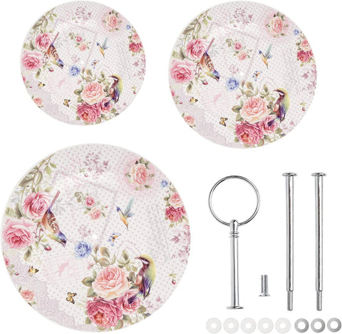 3 Tiered Cake Stands Plates Porcelain Lilac Lavender Rose Floral Design Gift Box (Birds Rose Butterfly)