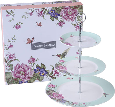 London Boutique 3 Tiered Cake Stands Afternoon tea Porcelain Bird Rose Butterfly in gift box (Turquoise)
