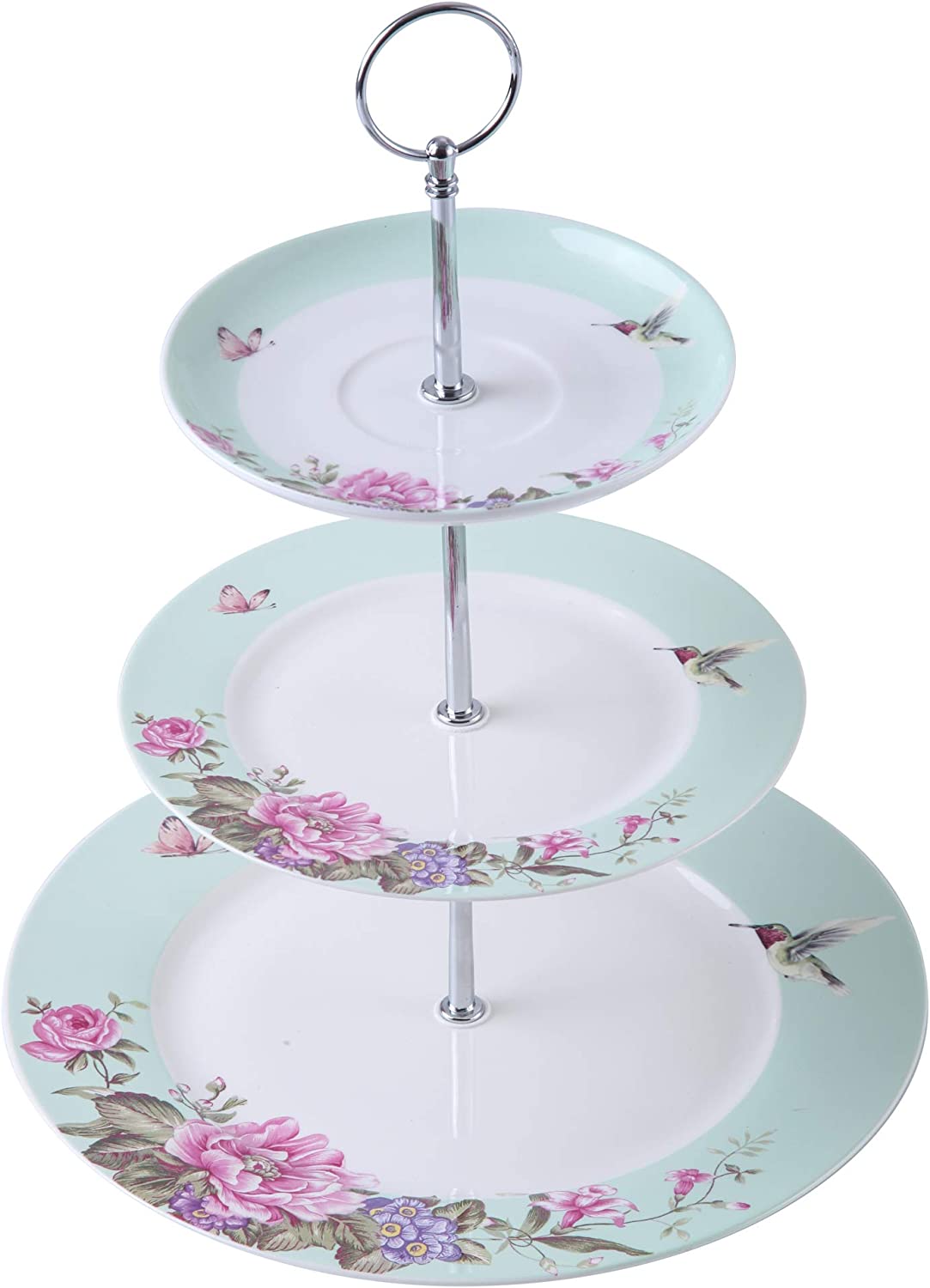 London Boutique 3 Tiered Cake Stands Afternoon tea Porcelain Bird Rose Butterfly in gift box (Turquoise)