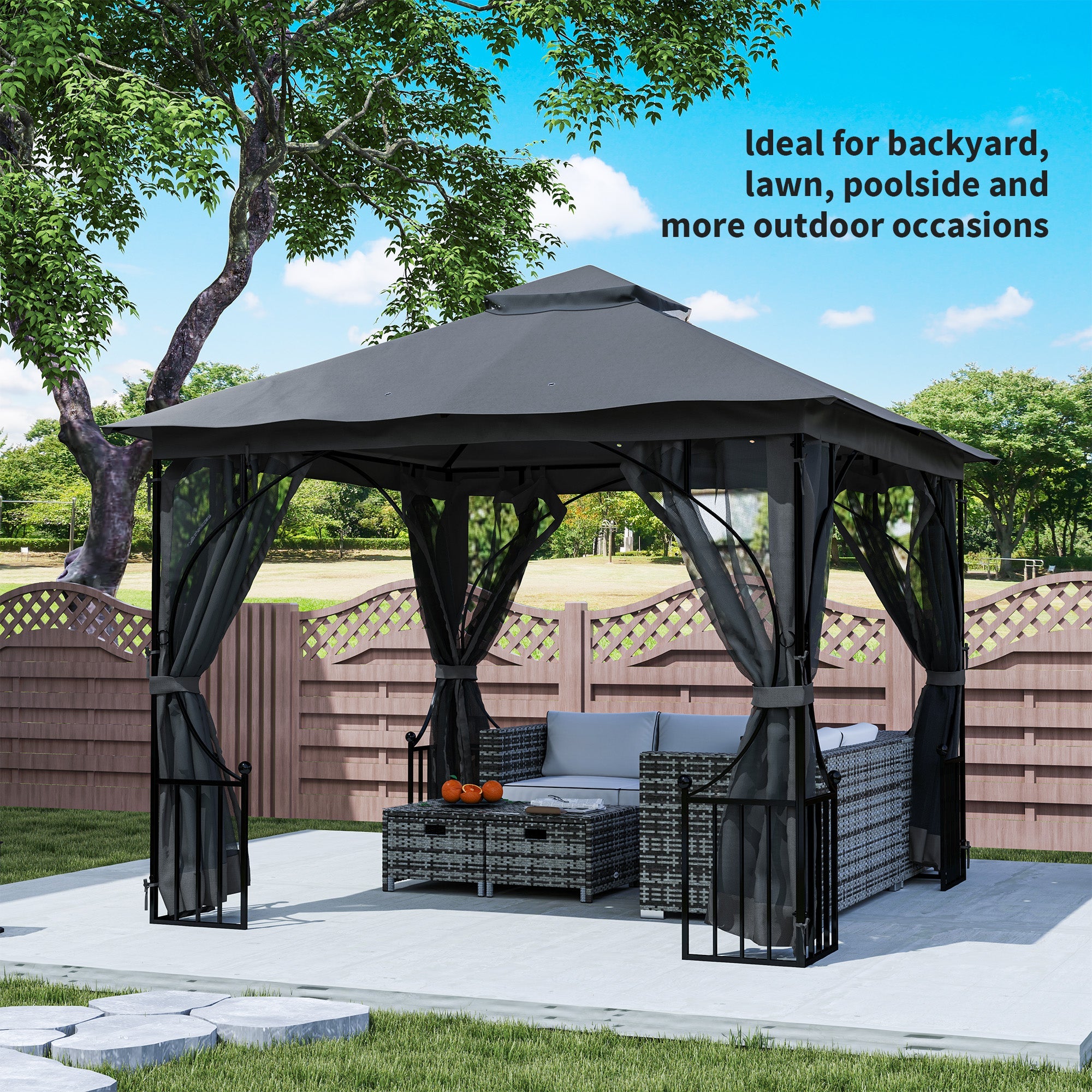 Outsunny 3 x 3(m) Garden Gazebo Patio Party Tent Shelter Outdoor Canopy Double Tier Sun Shade Metal Frame Netting, Dark Grey