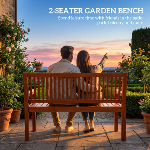 Outsunny Garden Bench 2 Seater, Wooden Outdoor Bench with Waterproof Cover, Garden Seat with Ergonomic Backrest