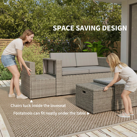 Outsunny 6 Piece Rattan Garden Furniture Set, Nesting Patio Conversation Set with Loveseat, Chairs, Table, Footstools, Dark Grey