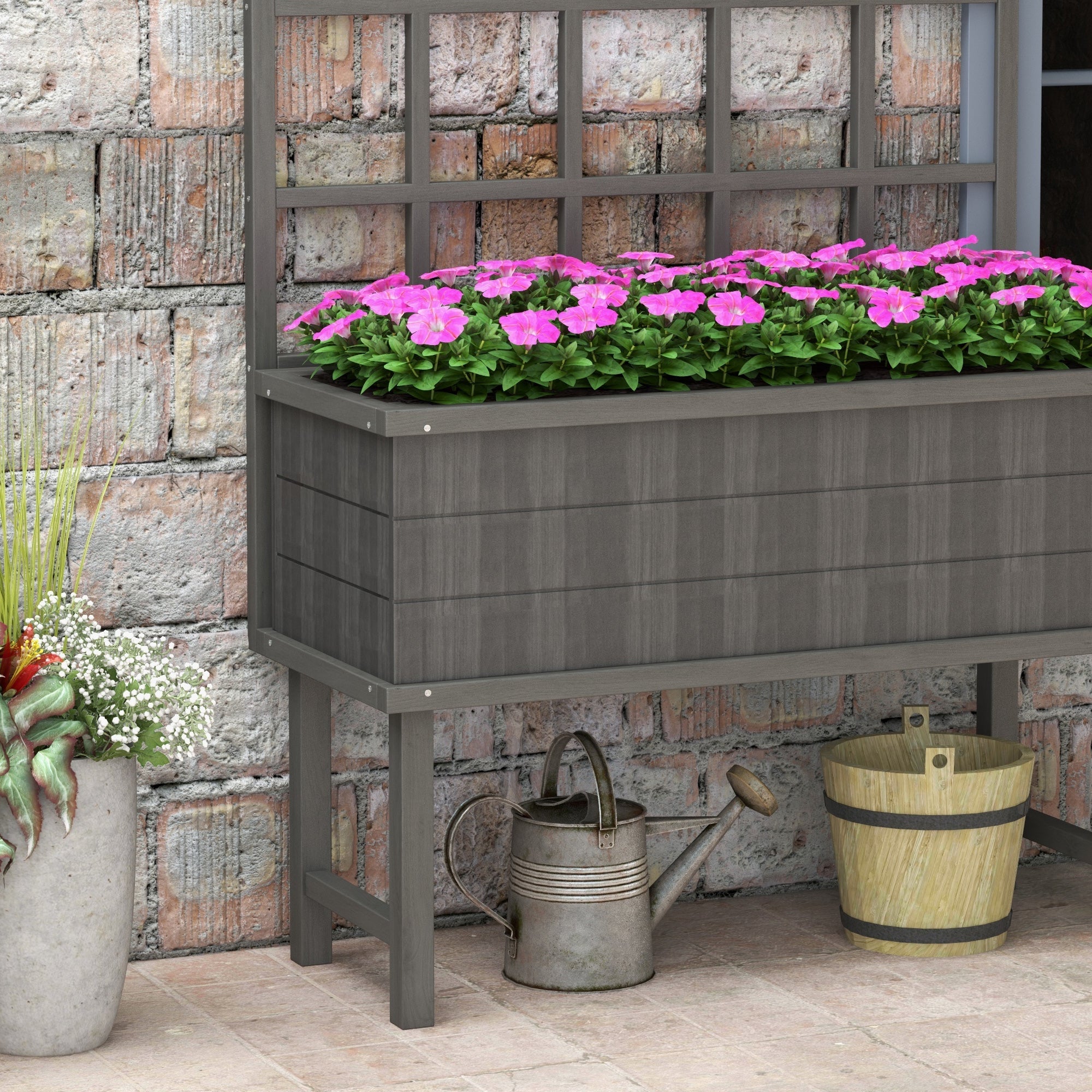 Outsunny 45 x 105cm Wooden Garden Planter, with Trellis - Grey