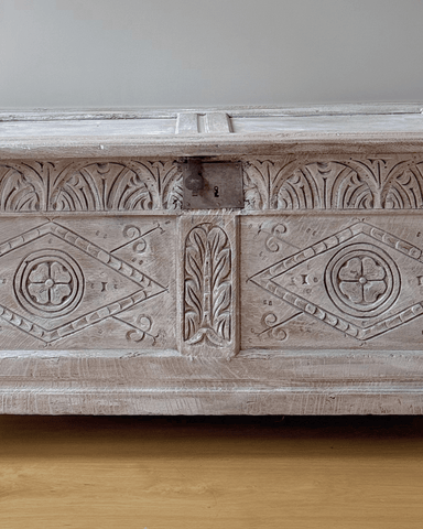 Lime Washed Carved Oak Blanket Box