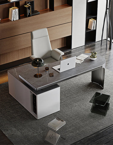 Abdi Corner Office Desk With Storage, Sintered Stone
