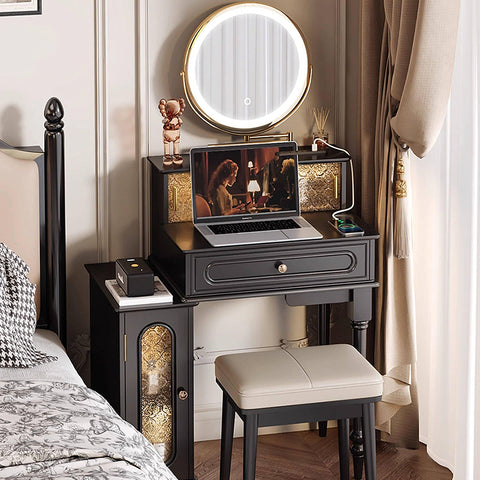 Nguyen Dressing Table With Side Cabinet & LED Mirror, Black