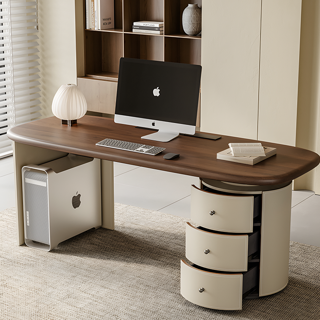Simao Office Desk With Storage Drawers, Solid Wood