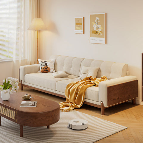 Catalina Cloud Sofa,  Two Seater, Three Seater Sofa, Cream Corduroy, Cherry Wood