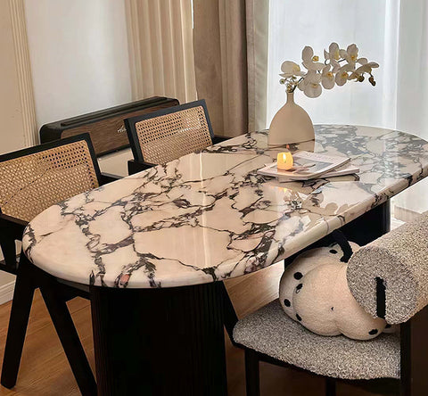 Amina Black Oval Dining Table, Solid Wood & Marble