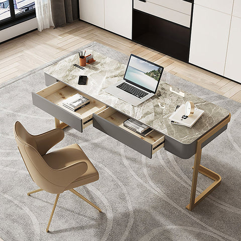 Leila Home Office Desk With Drawers, Grey & Gold