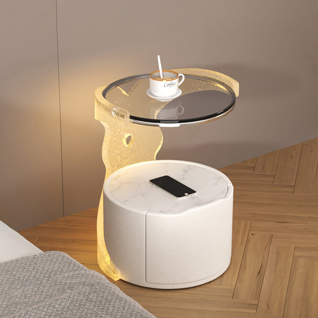 Hutton Round Bedside Table With Storage & Light Strip