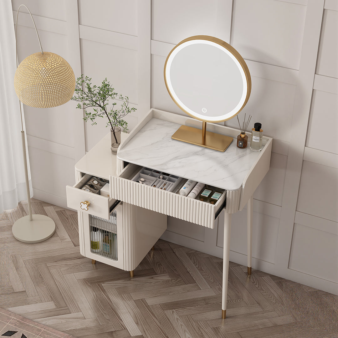 Asante Small Dressing Table With Side Cabinet & LED Mirror, Cream