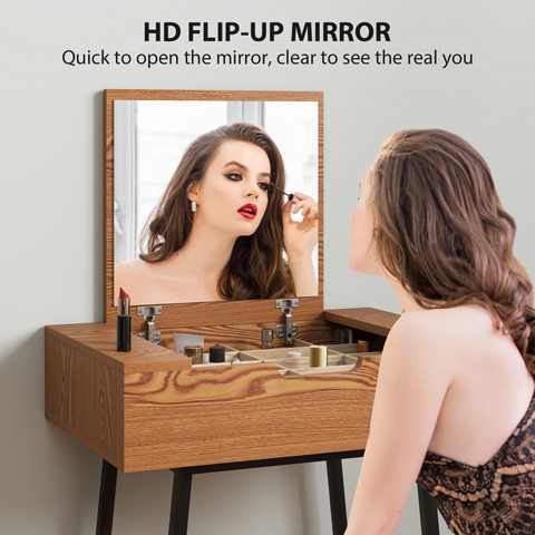 HOMCOM Industrial Vanity Desk with Mirror and Steel Legs Natural Wood Effect