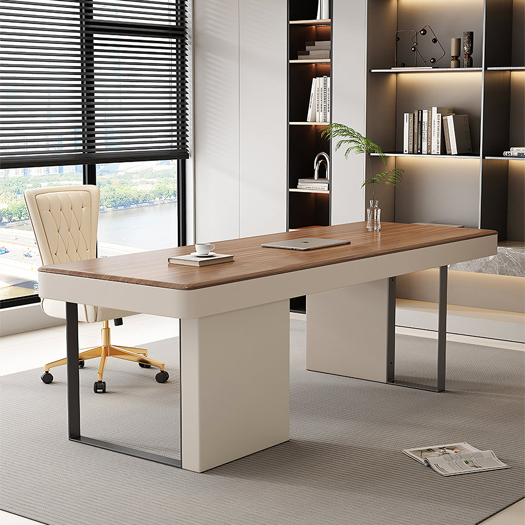 Elena Modern Office Desk, Wood, Cream & Walnut